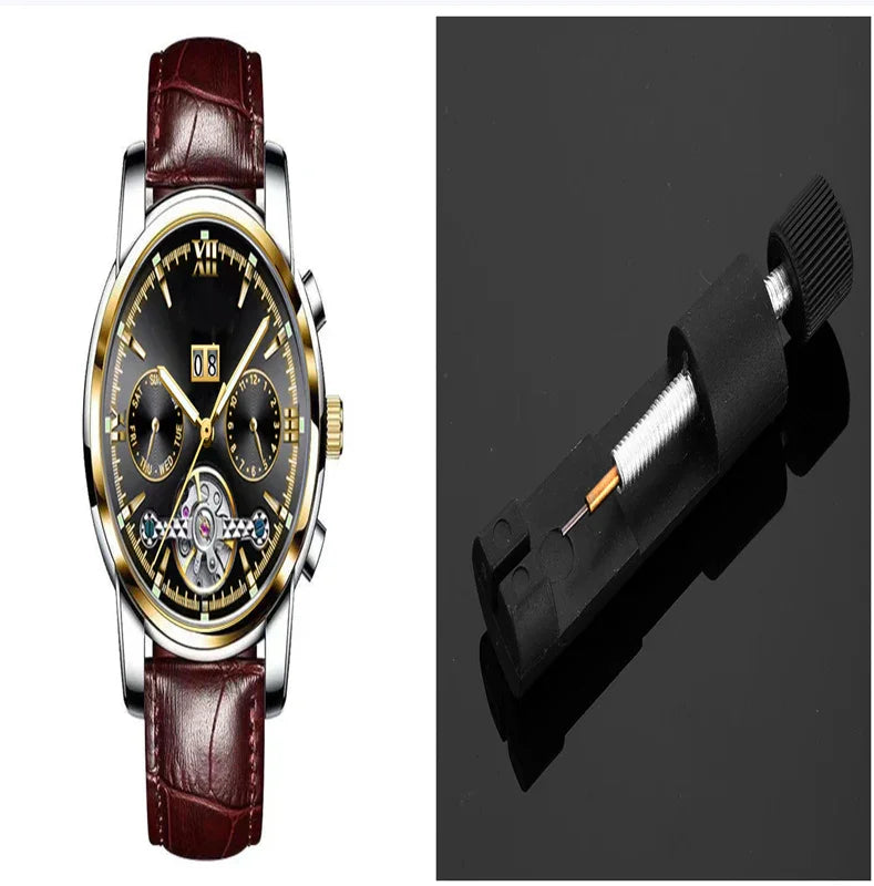 Luxury wristwatch with black dial, gold accents, brown leather strap beside black precision watch hand remover tool