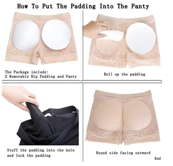 Step-by-step guide showing how to insert removable hip padding into beige shaping panties for enhancement