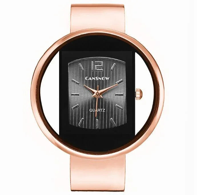 Rose gold wristwatch with black rectangular dial, quartz movement, and CANSNOW branding