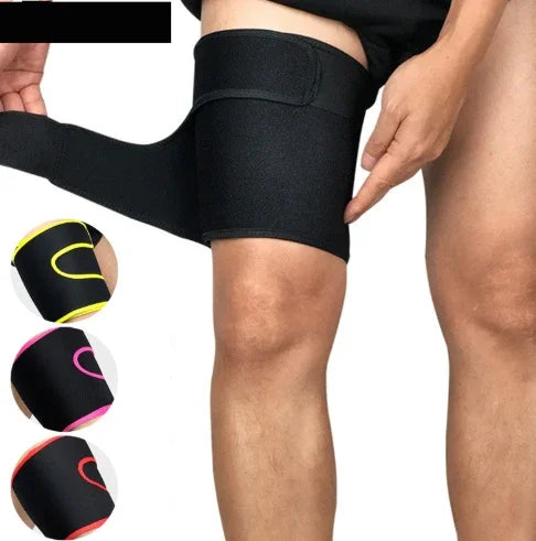 Person wearing adjustable thigh compression wrap for muscle support, black with color options