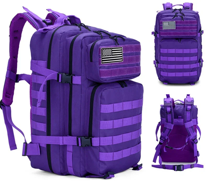 Durable purple tactical backpack with multiple compartments, MOLLE straps, and US flag patch