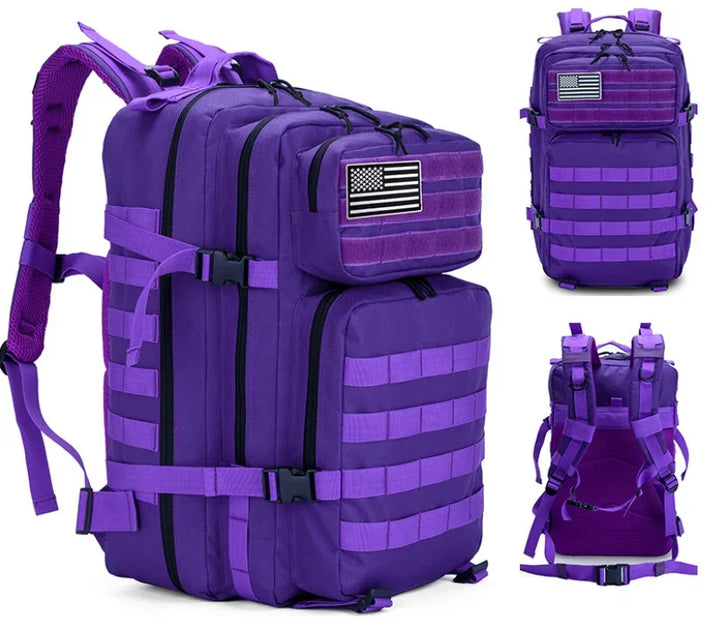 Durable purple tactical backpack with multiple compartments, MOLLE straps, and US flag patch