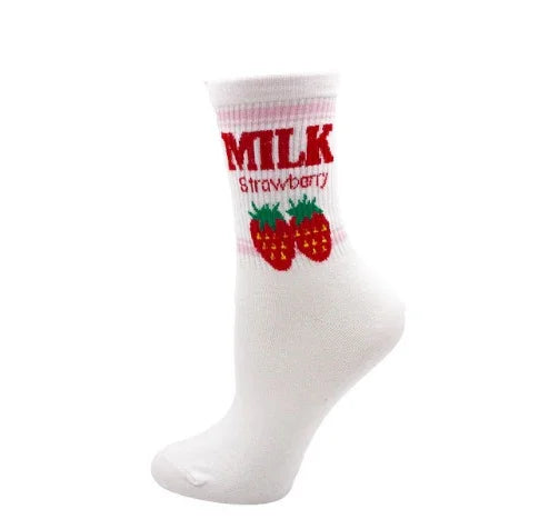 white crew sock with red text 'MILK strawberry' and two red strawberries design