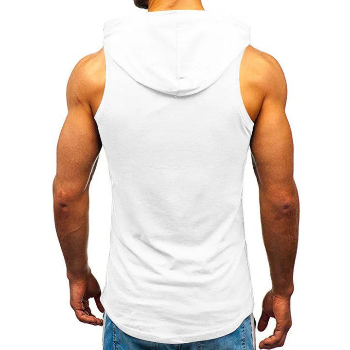 Muscular man wearing sleeveless white hooded tank top and blue jeans, back view