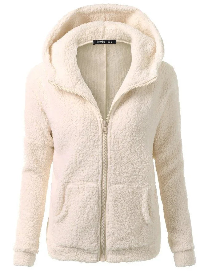 Cream-colored sherpa fleece zip-up jacket with hood and front pockets for women