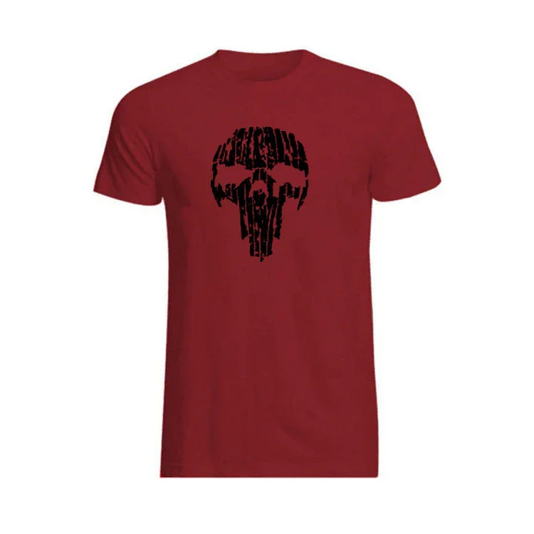 Maroon T-shirt featuring a black distressed Mandalorian helmet graphic design
