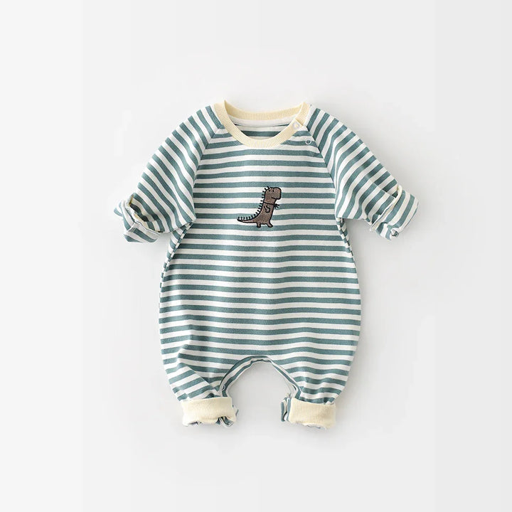 Green and white striped baby romper with long sleeves and dinosaur embroidery