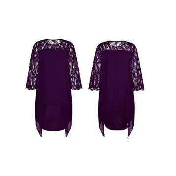 Purple lace sleeve high-low hem dress shown from front and back on white background