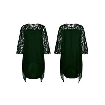 Black asymmetrical dress with lace three-quarter sleeves shown from front and back