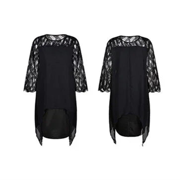 Black high-low dress with lace sleeves and neckline, front and back view