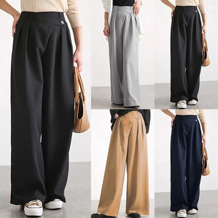 Wide-leg high waist pants in black, gray, camel, and navy for women, styled with casual tops and sneakers