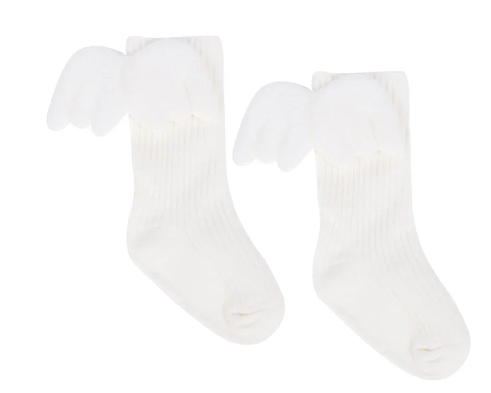 White ribbed socks with attached fluffy angel wings on the sides
