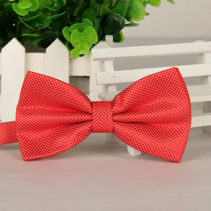 Red bow tie with white grid pattern displayed against white picket fence and green plant background