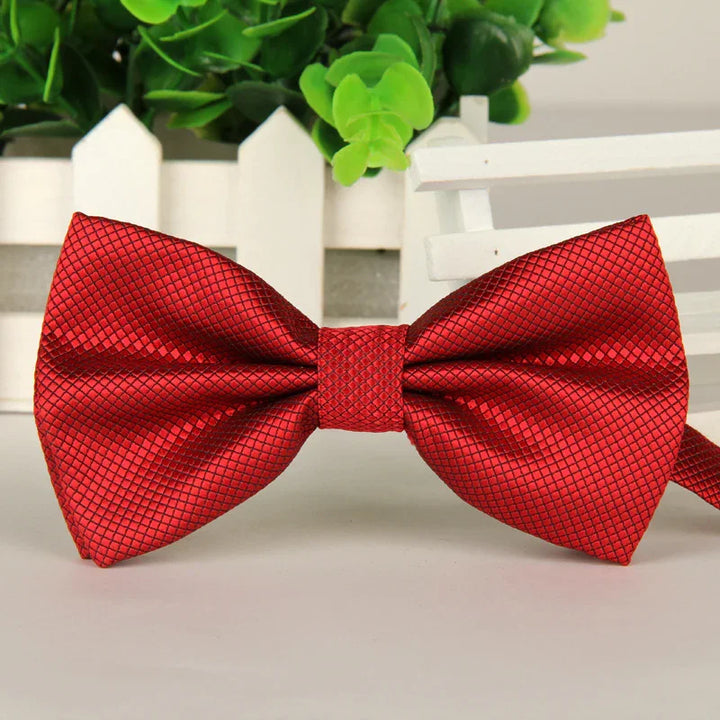 Shiny red textured bow tie with black grid pattern on white surface and green leaves background