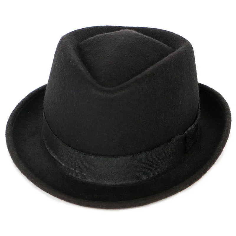 Black felt fedora hat with black ribbon band on white background