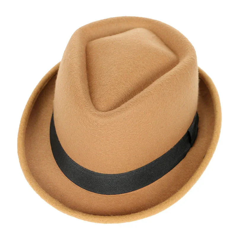 Classic brown felt fedora hat with black ribbon band on white background