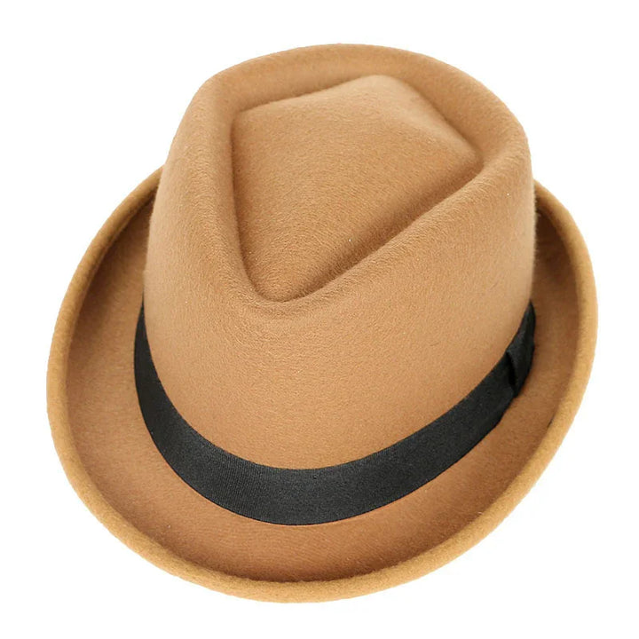 Classic brown felt fedora hat with black ribbon band on white background