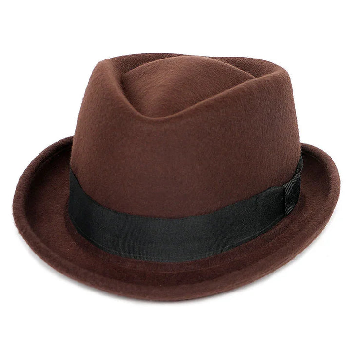 Brown felt fedora hat with black ribbon band against white background