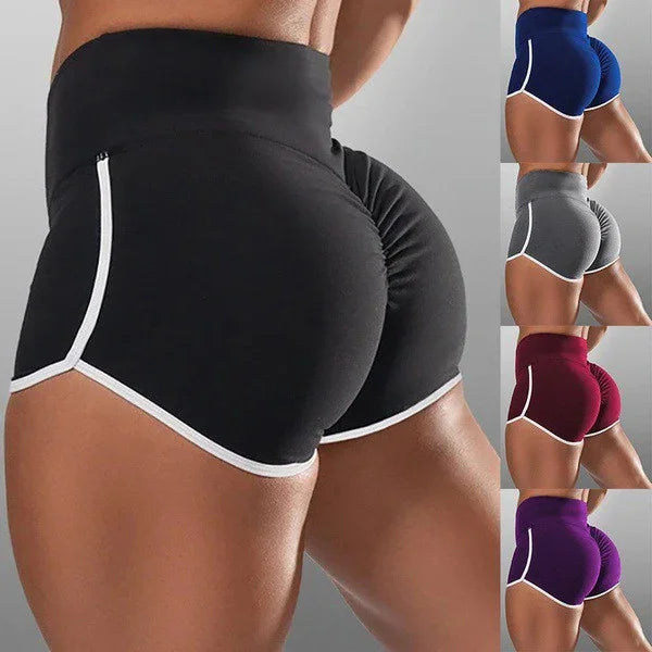 High-waisted scrunch butt athletic shorts with white trim in black, navy, gray, maroon, and purple colors