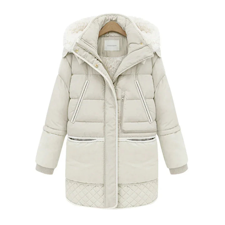 Beige insulated winter parka with faux fur hood, quilted hem, and zippered front pockets
