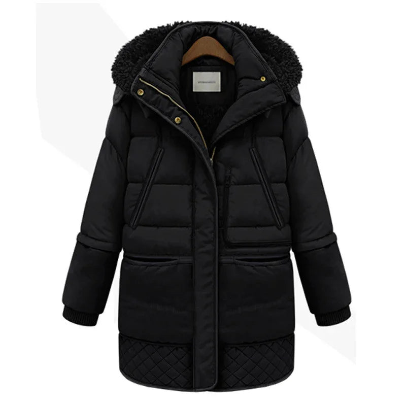 Black insulated winter coat with quilted hem, zip pockets, and faux fur-lined hood