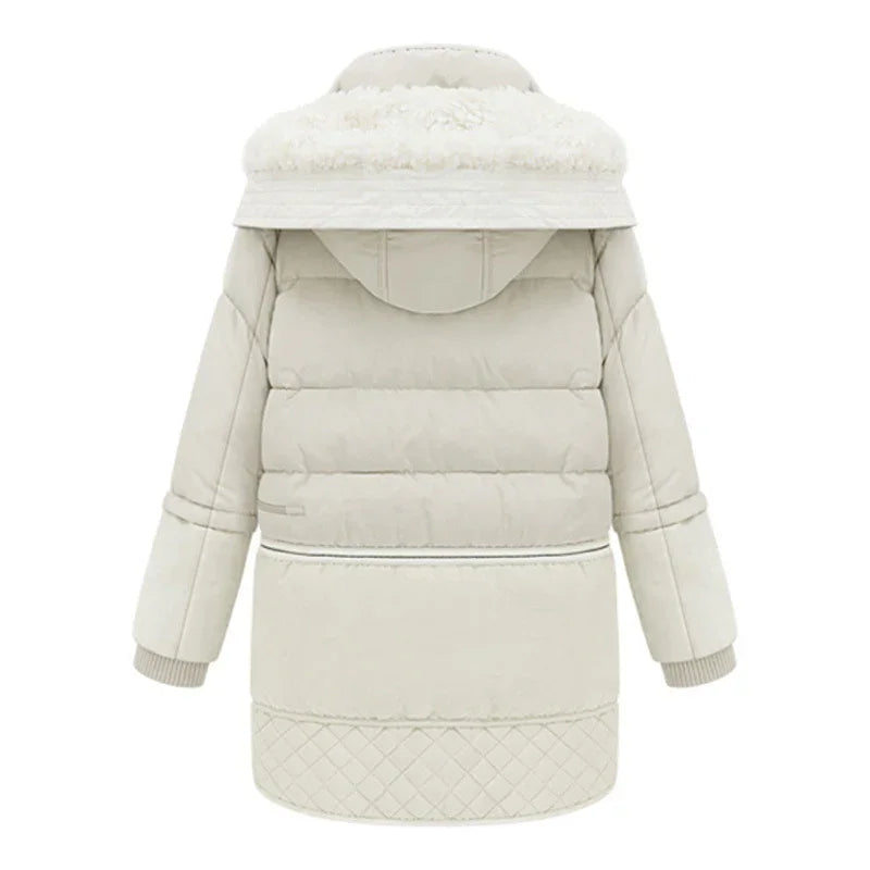 Back view of cream white puffer jacket with quilted hem and fluffy fur-trimmed hood