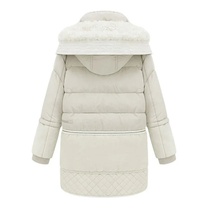 Back view of cream white puffer jacket with quilted hem and fluffy fur-trimmed hood
