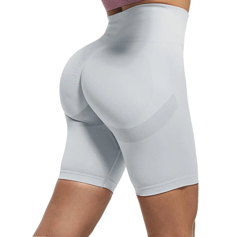 woman wearing white seamless high-waisted shaping shorts for butt lift and tummy control