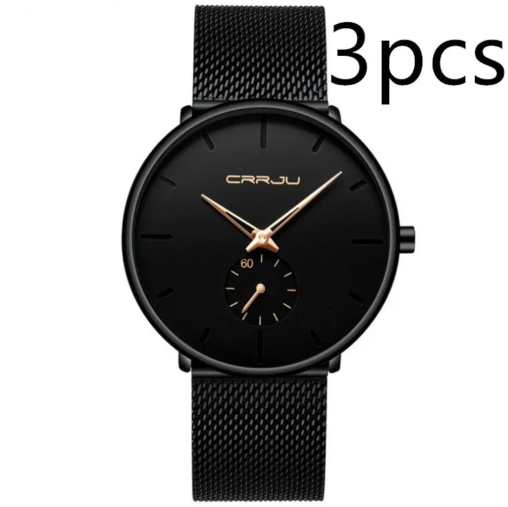 black minimalist wristwatch with gold hands, mesh strap, and subdial showing seconds, branded CRRJU