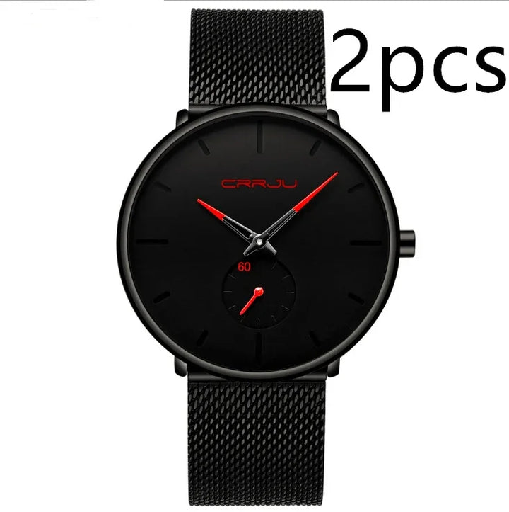 Black CRRJU men's wristwatch with red accents, mesh band, minimalist design, and small second dial