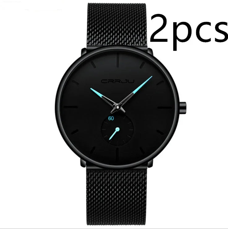 Modern black CRRJU wristwatch with mesh strap and blue hands, minimalist dial design