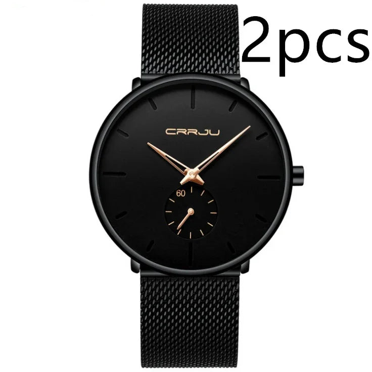 Minimalist black CRRJU wristwatch with gold hands and mesh strap, small seconds subdial