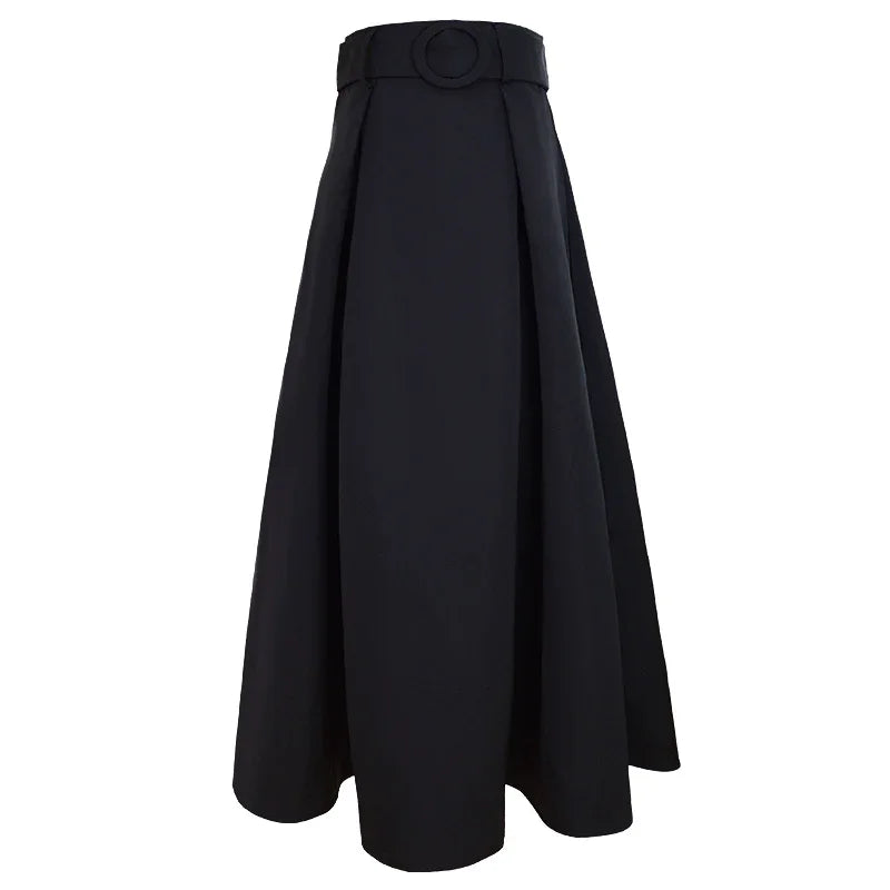 Elegant black high-waisted midi skirt with wide belt and circular buckle