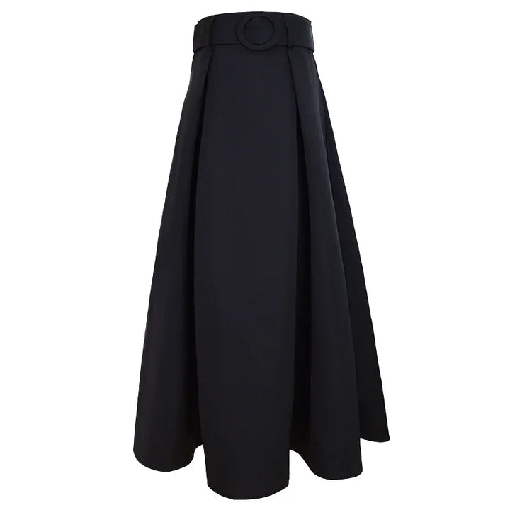 Elegant black high-waisted midi skirt with wide belt and circular buckle