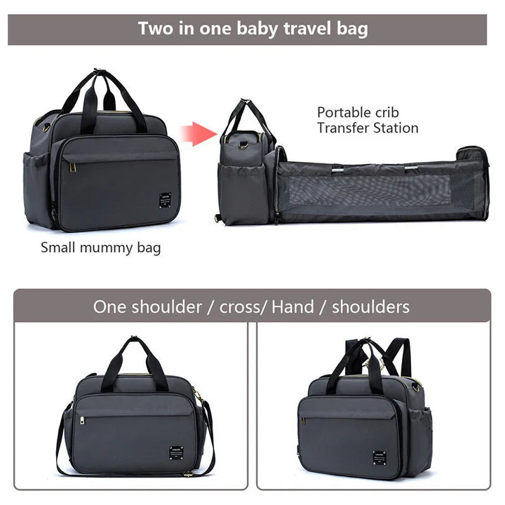 Two-in-one gray baby travel bag that converts from a small mummy bag to a portable crib with multiple carrying options