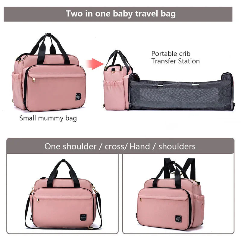 Pink two-in-one baby travel bag with portable crib and multiple carrying options