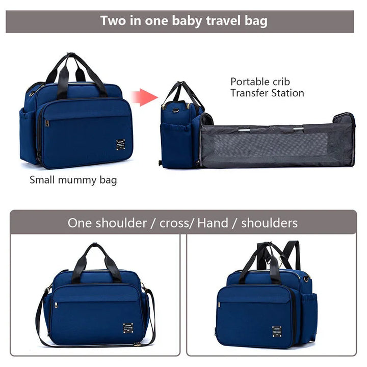 Two-in-one navy blue baby travel bag transforms from small mummy bag to portable crib transfer station