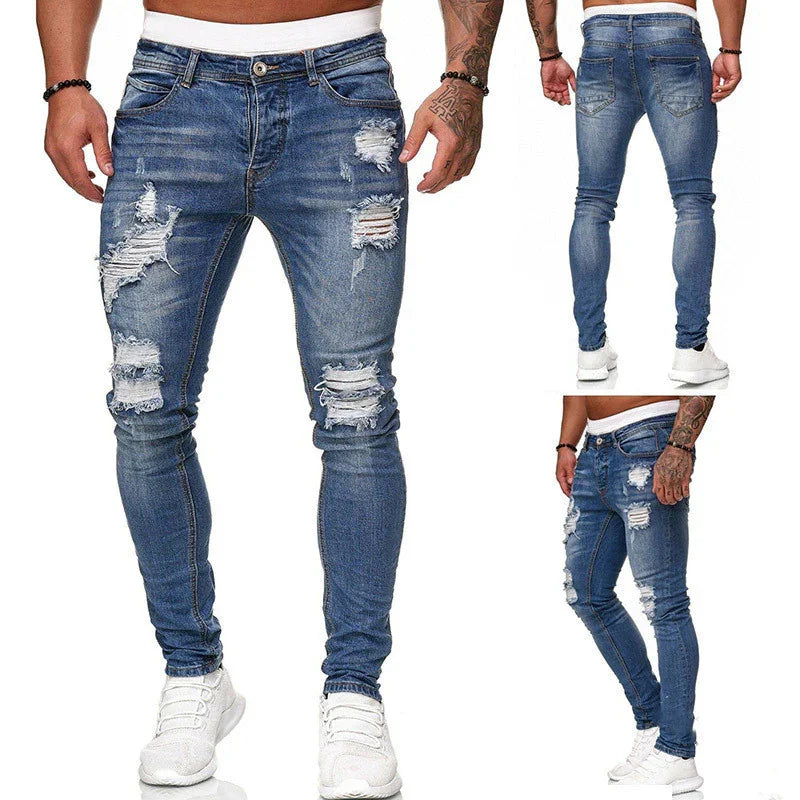 Men's distressed skinny fit blue jeans with ripped details, shown front, back, and side views