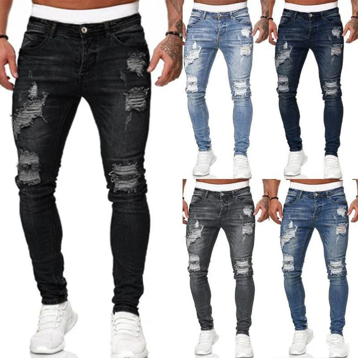 Men's ripped skinny jeans in black, light blue, dark blue, and gray with white sneakers