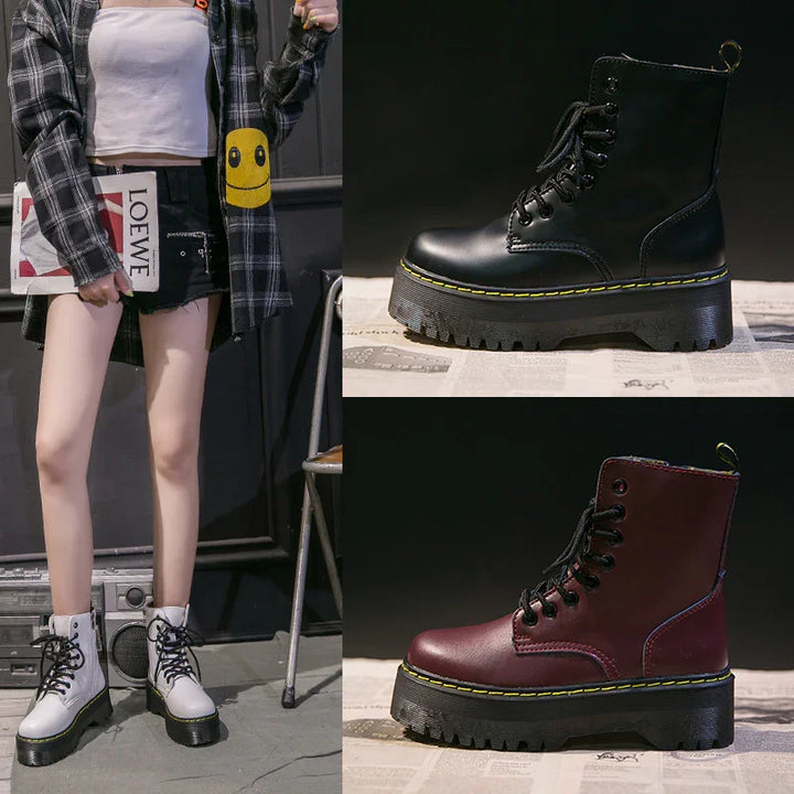 chunky platform combat boots in white, black and burgundy with yellow stitching, styled on model and displayed on newspaper