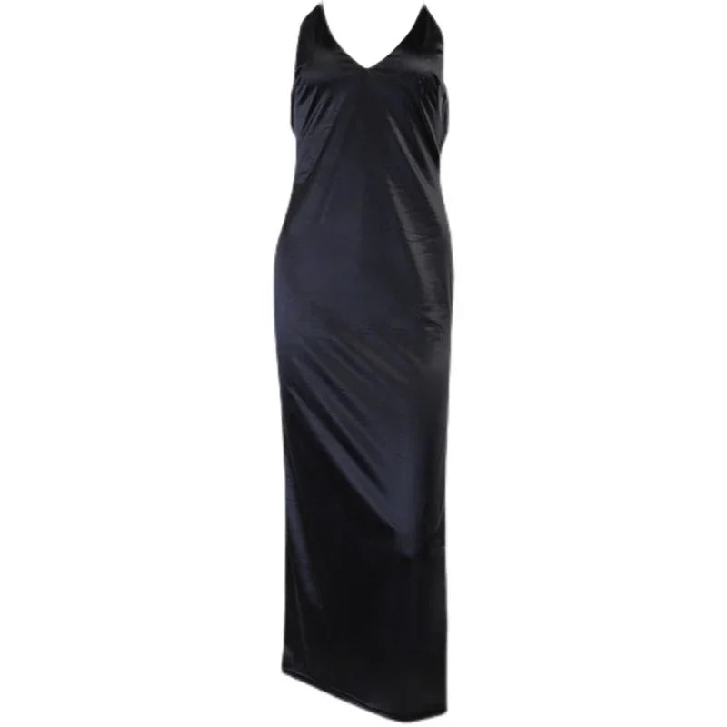 Elegant black satin slip dress with V-neck and spaghetti straps on white background
