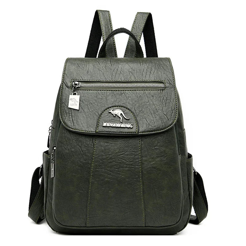 Dark green leather backpack with kangaroo logo and front zipper pocket, adjustable straps