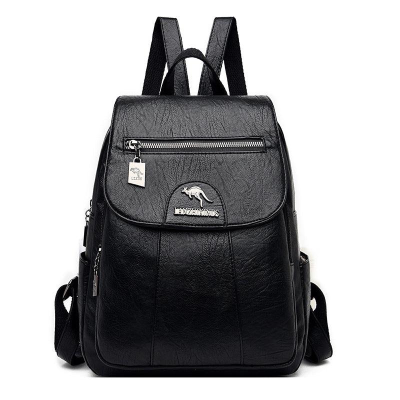 black leather backpack with kangaroo logo and front zip pocket, adjustable shoulder straps