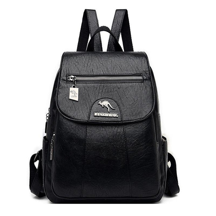black leather backpack with kangaroo logo and front zip pocket, adjustable shoulder straps