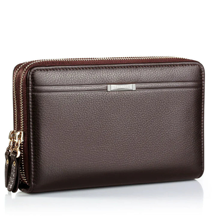 Brown leather double-zipper wallet with textured finish and gold zipper pulls