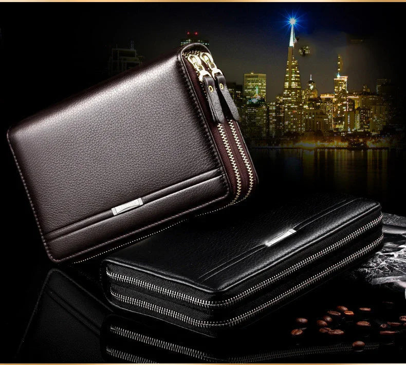 black and dark brown leather double zipper wallets with city skyline at night background
