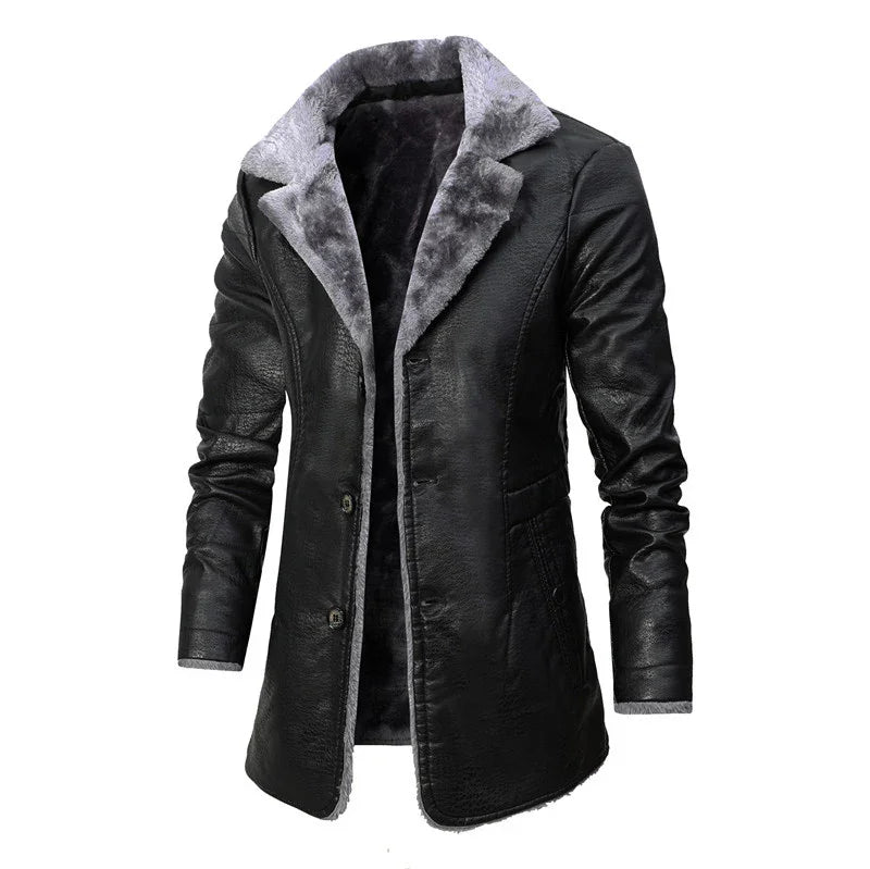 Black leather winter coat with gray faux fur lining and collar, button closure, and long sleeves