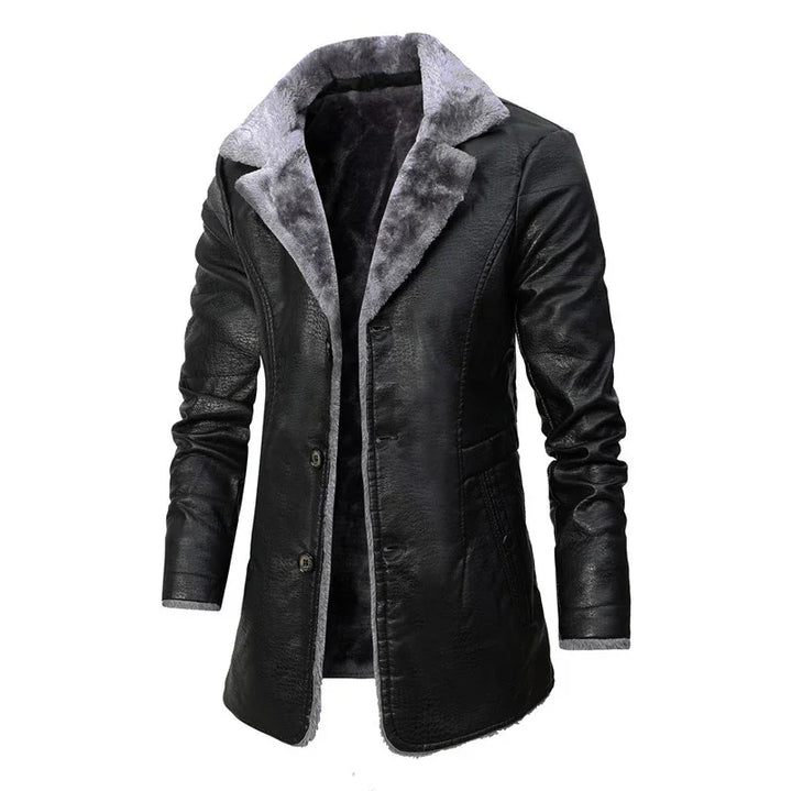 Black leather winter coat with gray faux fur lining and collar, button closure, and long sleeves