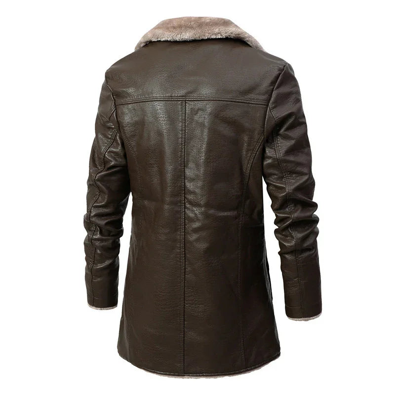Back view of a dark brown leather jacket with plush beige fur collar and cuffs