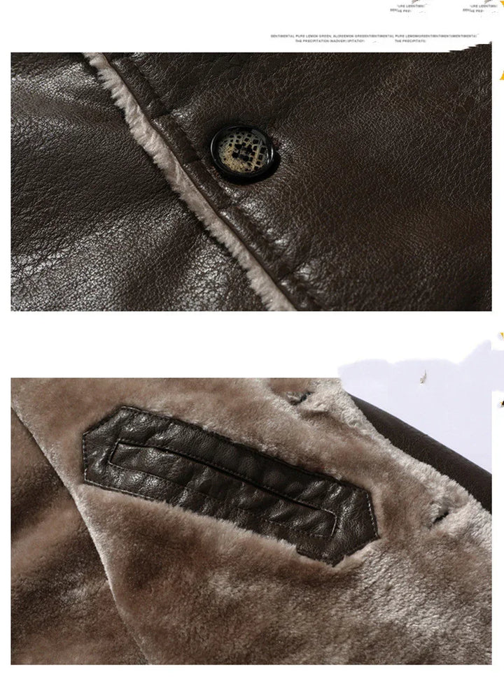 Close-up of dark brown leather jacket with shearling lining and detailed button and pocket stitching
